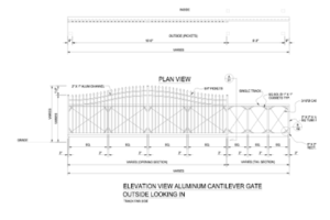 A CAD drawing of an aluminum over arch cantilever gate