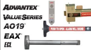 The text reads "Advantex Value Series AO19 EAX ECL" and it features a couple of different fire code regulation devices, such as emergency door handles and an intercom