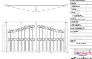 CAD drawing of an arched double swing gate with rings and alternating pickets